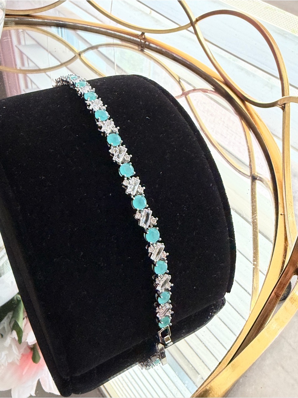 Silver-Tone Bracelet with Turquoise and Clear Stones - Women Jewelry - Picture 4 of 6